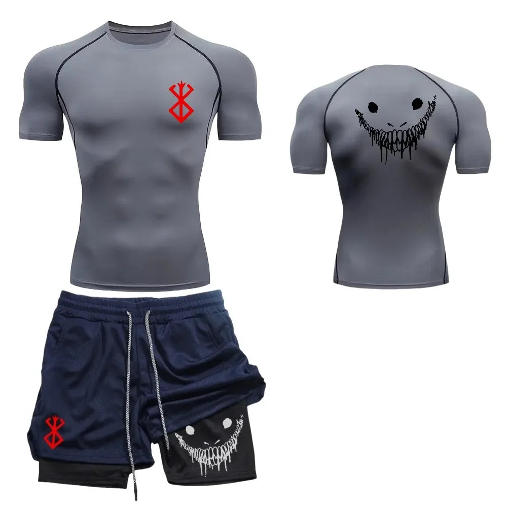 Men's fashionable casual fitness set, gym quick drying sportswear, shorts+shirt, 2-piece set, running, training, summer