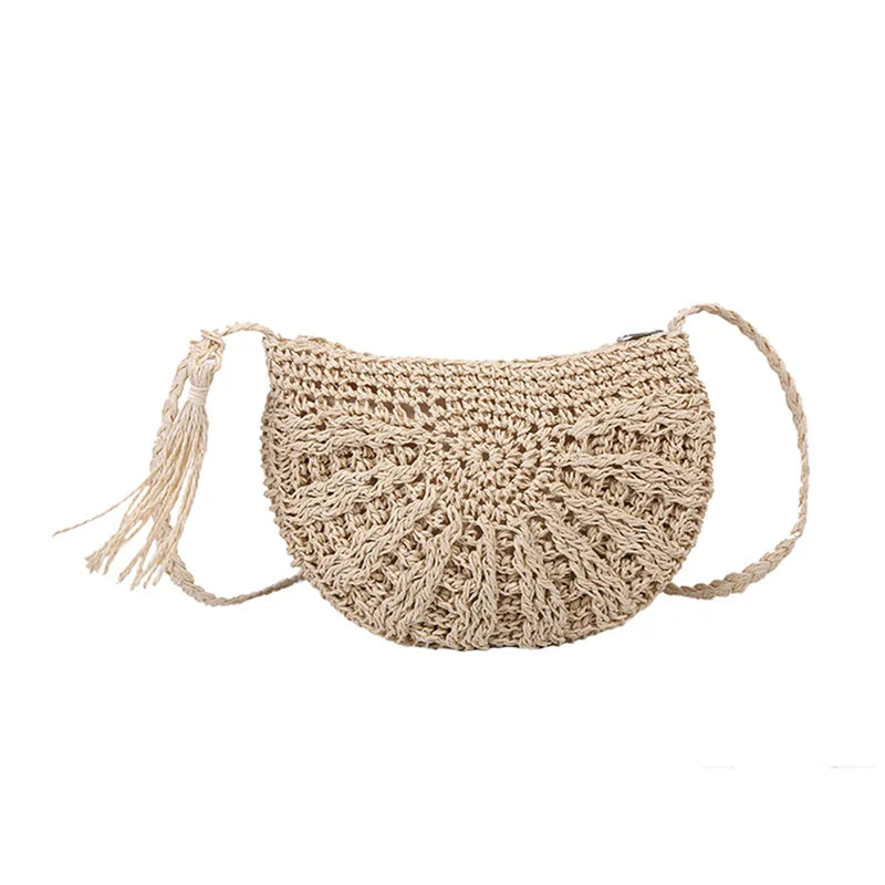 Half Round Straw Bags For Women Fashion Beach Rattan Bag DIY Handmade Woven Half Moon Crossbody Handbags Bohemia Hot Sale