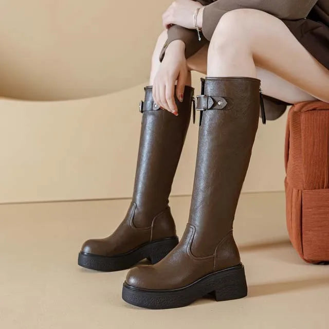 fujin Women’s Platform Knee High Boots 9cm Hidden Wedge Heels Chunky Sole Riding Boots Winter Fashion Slim Leg Long Boots