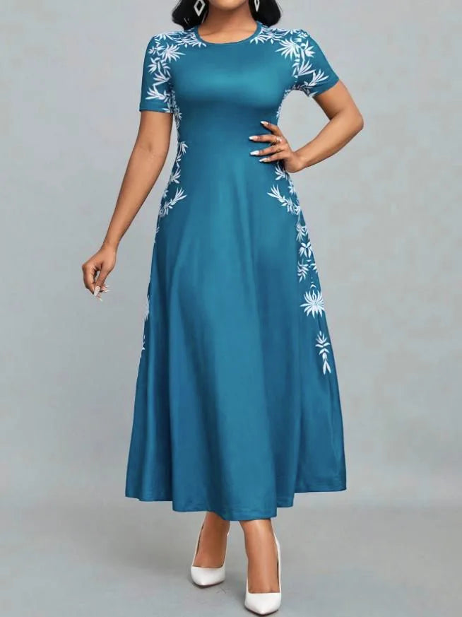 Fashion High Waist Printed Dress Elegant round Neck Women's Dress Stylish Cross-Border New Model from Europe And America