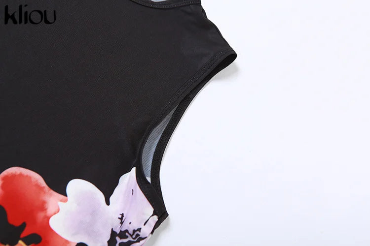 Kliou Vintage Folower Print Zweiteiliges Set für Damen, sexy, durchsichtige Netz-Weste + schmaler Rock mit hoher Taille, passende Outfits für Damen