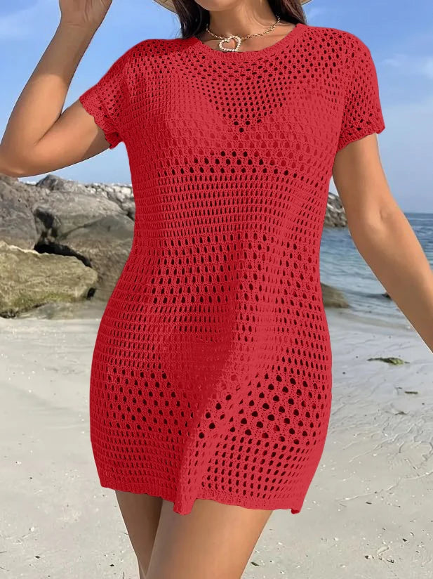 Summer Solid Color Mini Dress round Neck Holiday Hollow out Sun Protection Beachwear Women's Fashion Casual Skirt