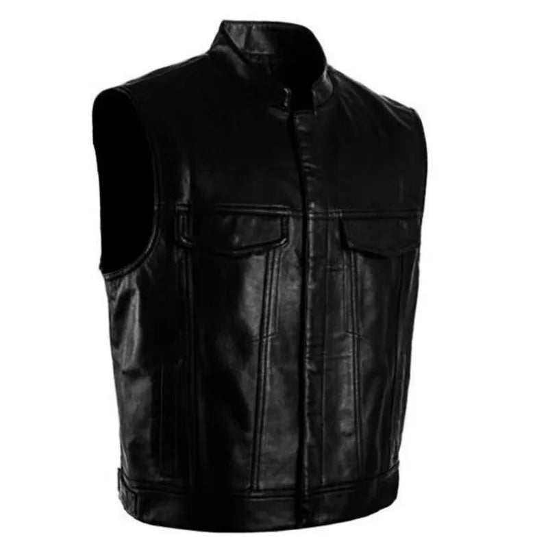 Son of Chaos in Motorcycle Style: Harley Motorcycle PU Leather Embroidered Vest Kam Shoulder Punk Fashion Leather Coat for Men