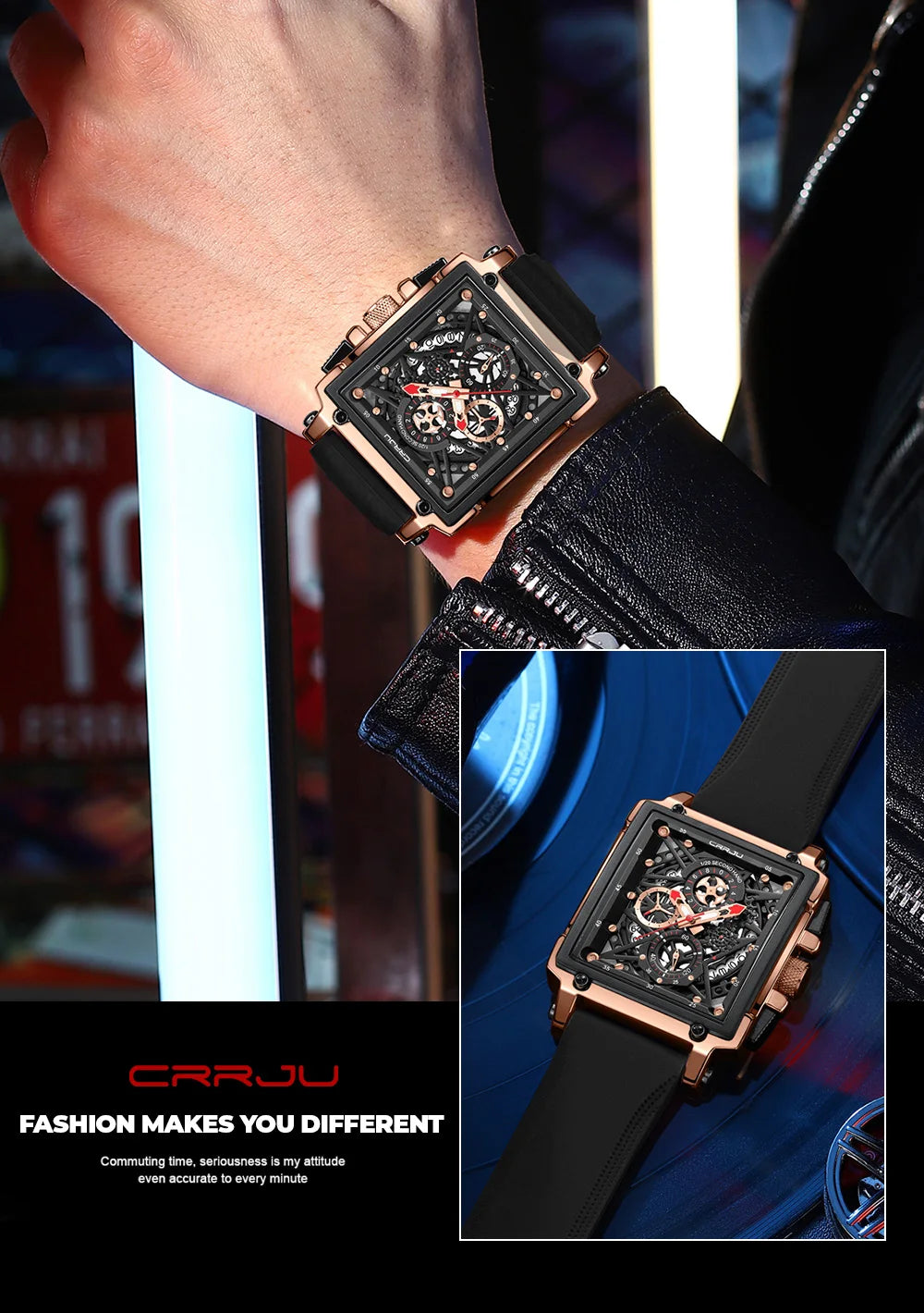 CRRJU Modische Sportuhren mit großem Zifferblatt, einzigartiges rechteckiges, hohles Design, Quarz-Armbanduhren mit Chronograph, automatisches Datum