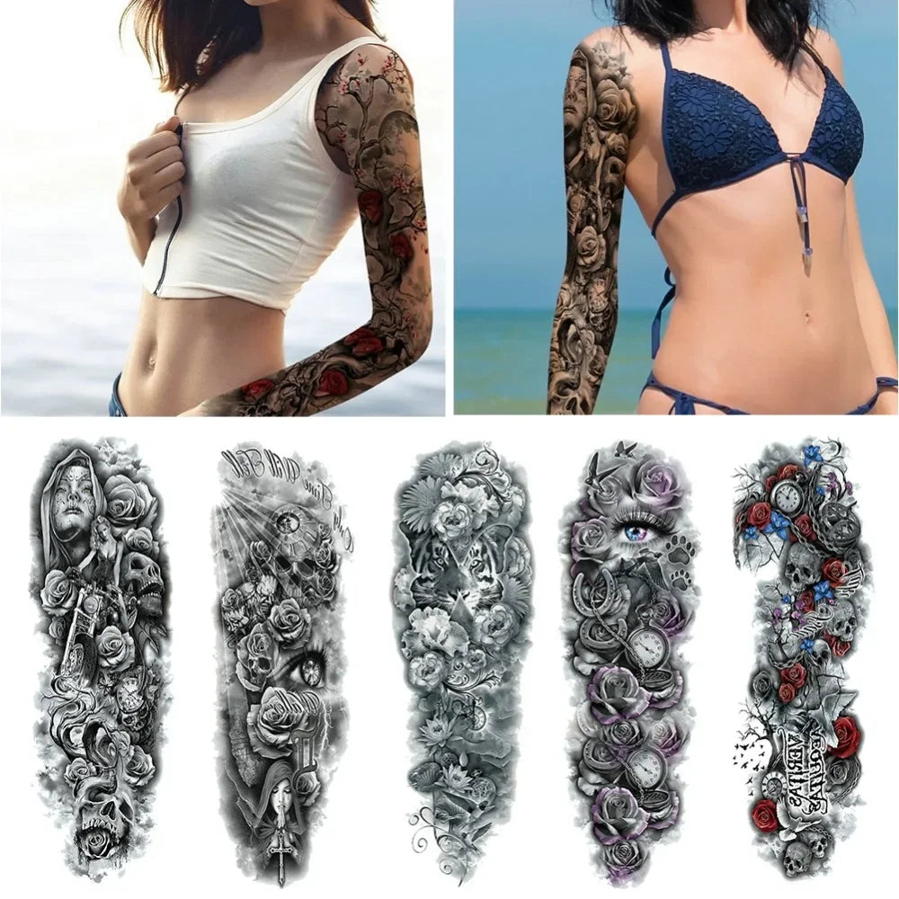 Waterproof Temporary Tattoo Sticker Full Arm Large Skull Old School Tatoo Stickers Flash Fake Tattoos for Men Women