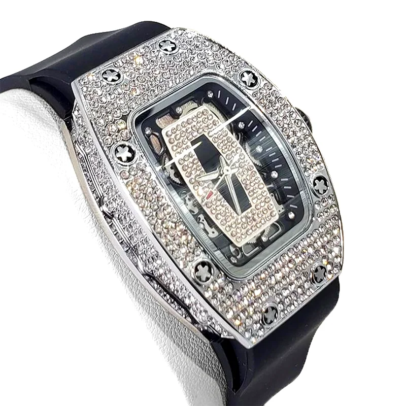 Hot Fashion Diamond Watch For Women Elegant Iced Jewelry Watches Sport Rubber Strap Tonneau Wristwatch Ladies Gift