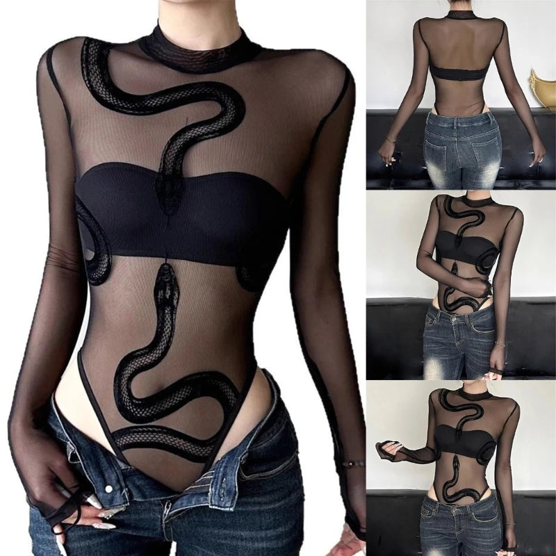 Womens Mesh Long Sleeve Bodysuit Round Neck Sheer Leotards Clothing Snake Bodysuit Top with Crotch Clubwear Gifts