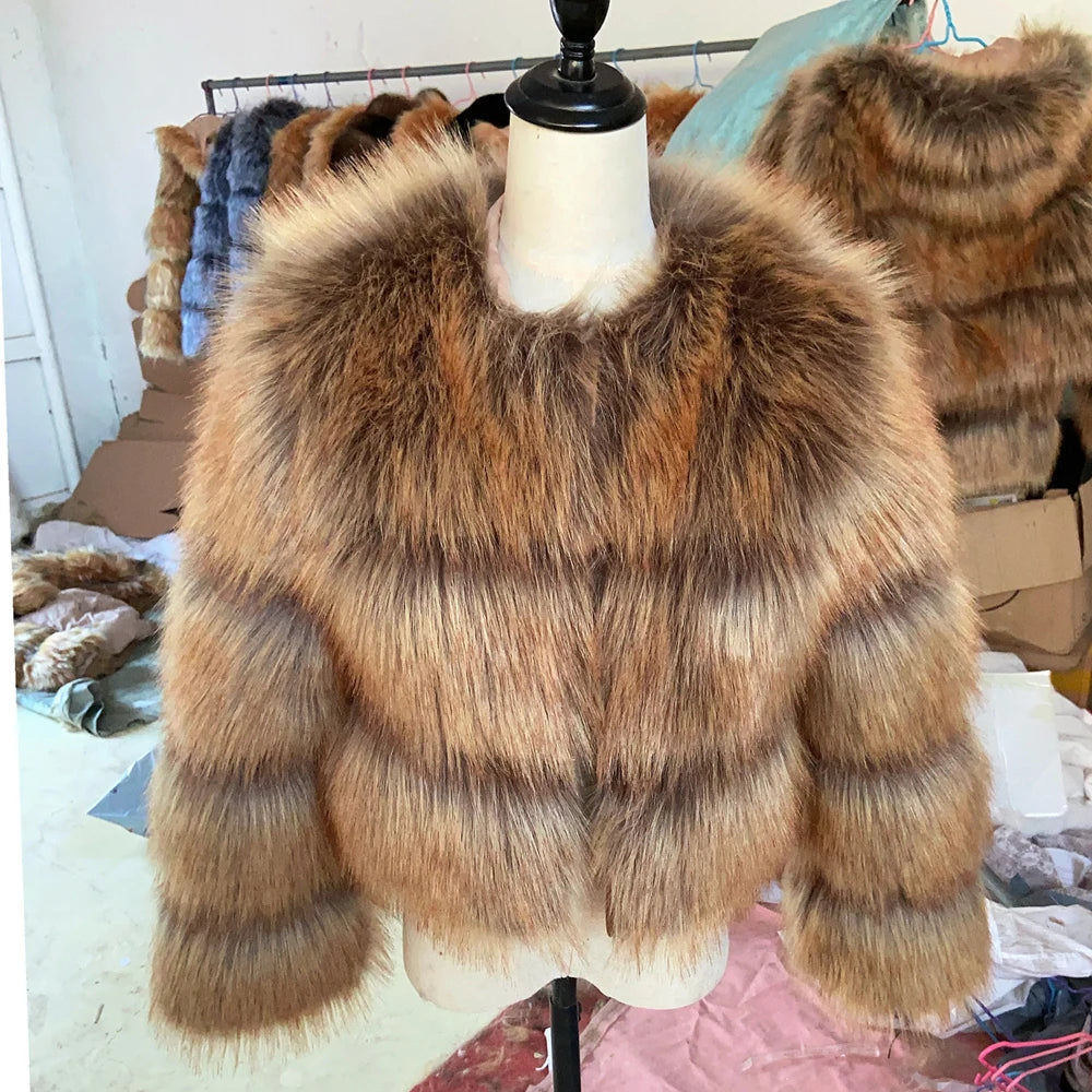 HOOOFUR Faux Fur Coat Women's Jacket Winter Fashion Warm Thick Fox Raccoon Leather Brown Plus Size Especially Fake Fur Cold Coat