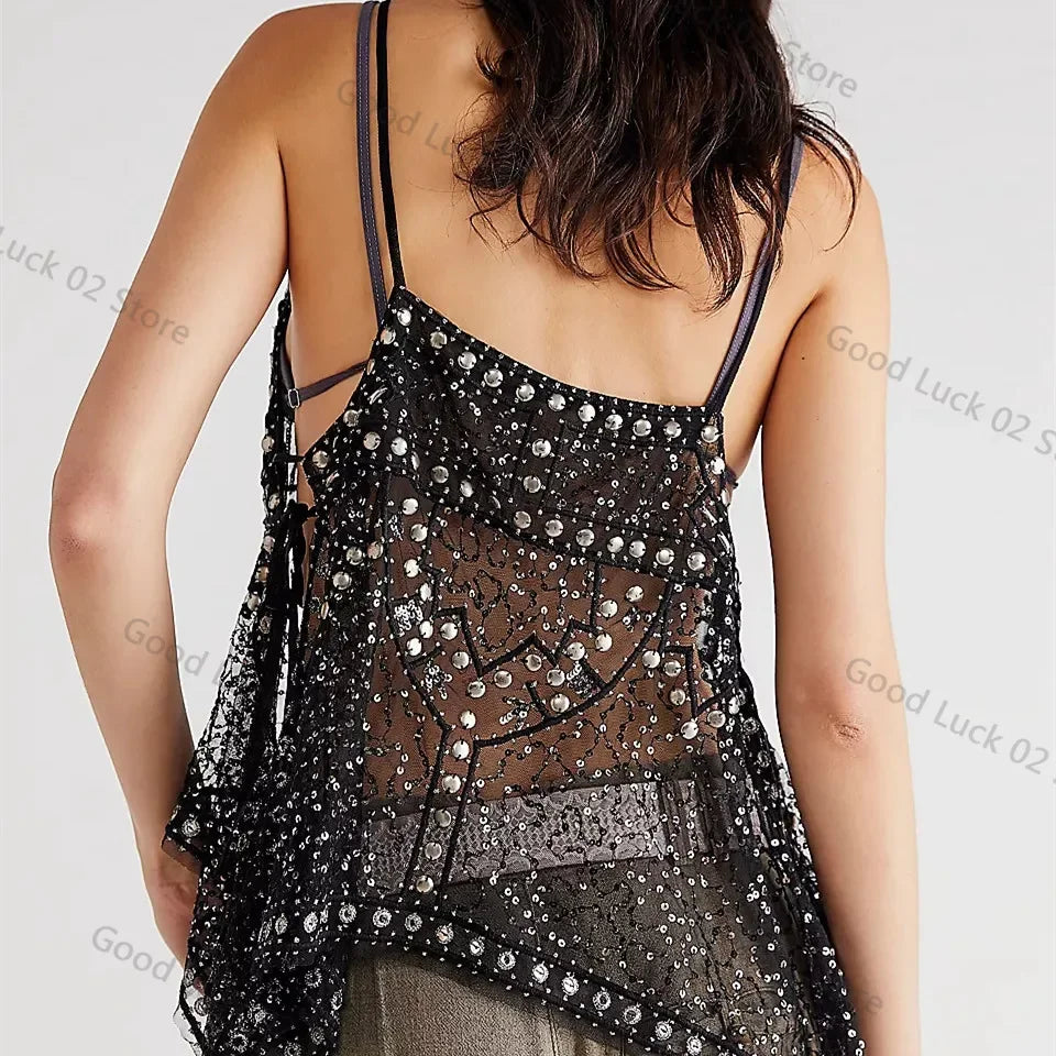 Women Y2K Sequin Mesh Tank Top Glitter Floral Embroidered Cami Crop Top Coquette Sleeveless Backless Rhinestone Camisole