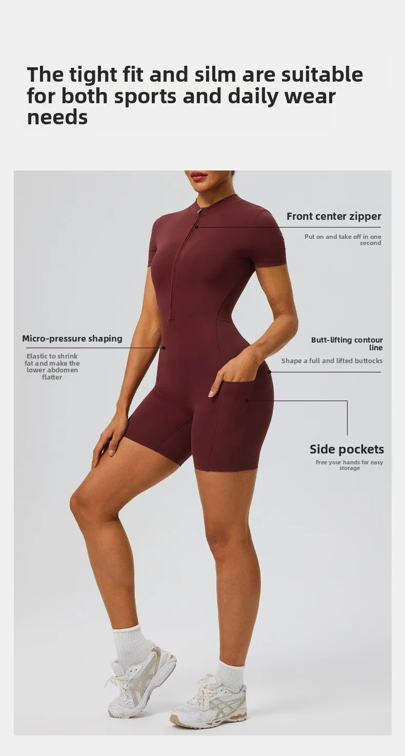 Women's zipper short sleeved yoga jumpsuit with functional pockets for hip lifting and tight fitting sports jumpsuit shorts