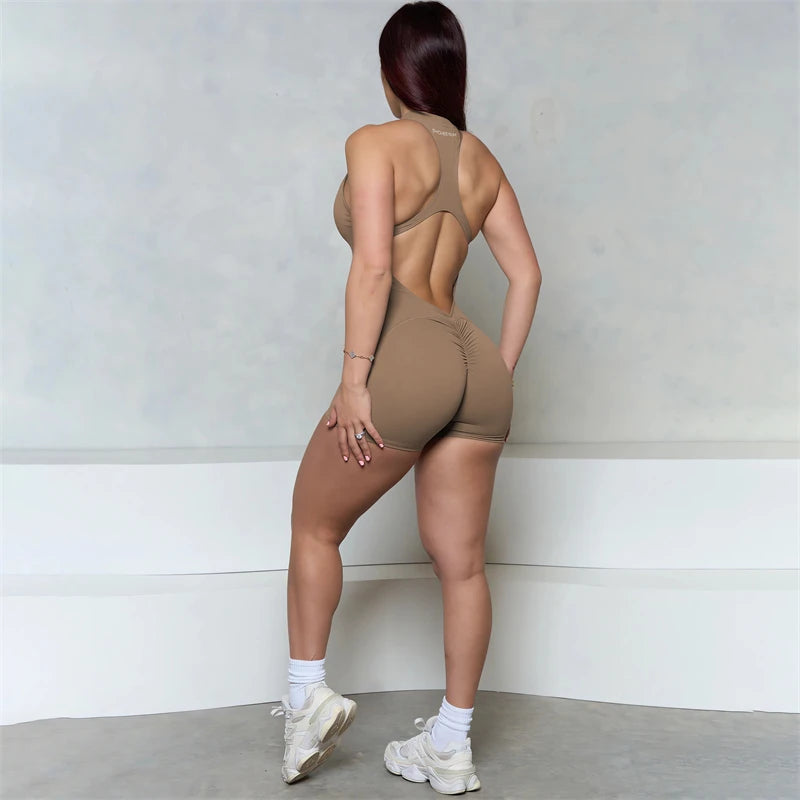 Women Bum Sleeveless ZIPPER Scrunch Butt Romper Women Sporty Jumpsuit Lycra Short Fitness Gym Overall New Workout Clothes