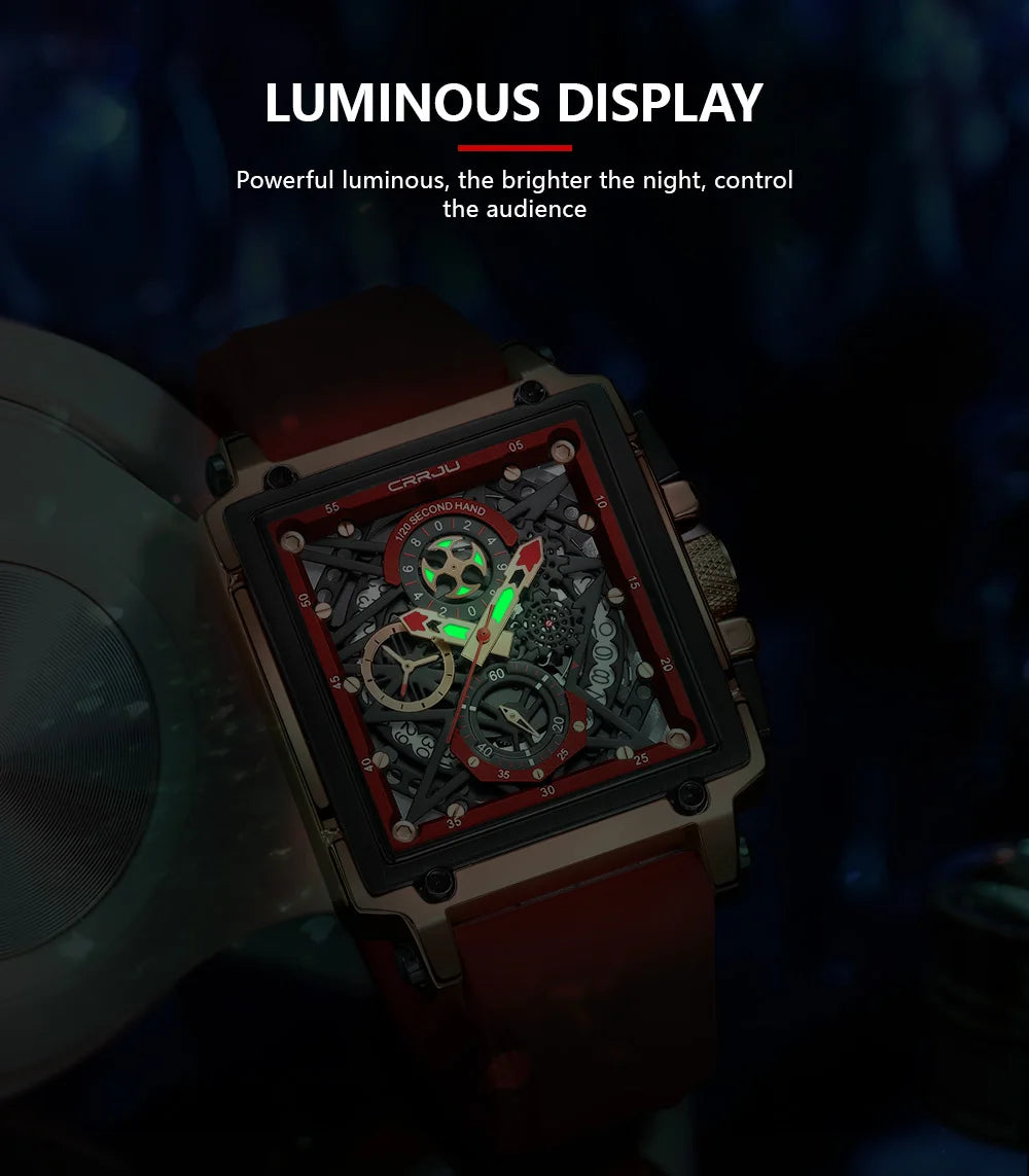 CRRJU Modische Sportuhren mit großem Zifferblatt, einzigartiges rechteckiges, hohles Design, Quarz-Armbanduhren mit Chronograph, automatisches Datum