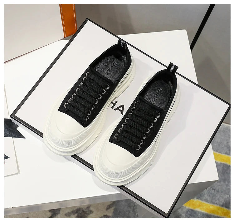 2024 Frühjahr Neue Damenschuhe Schnürschuhe Sport- und Freizeitschuhe für Herren Dicke Sohle Wasserdichte Plattform Weiche Erhöhte Leinwand Flache