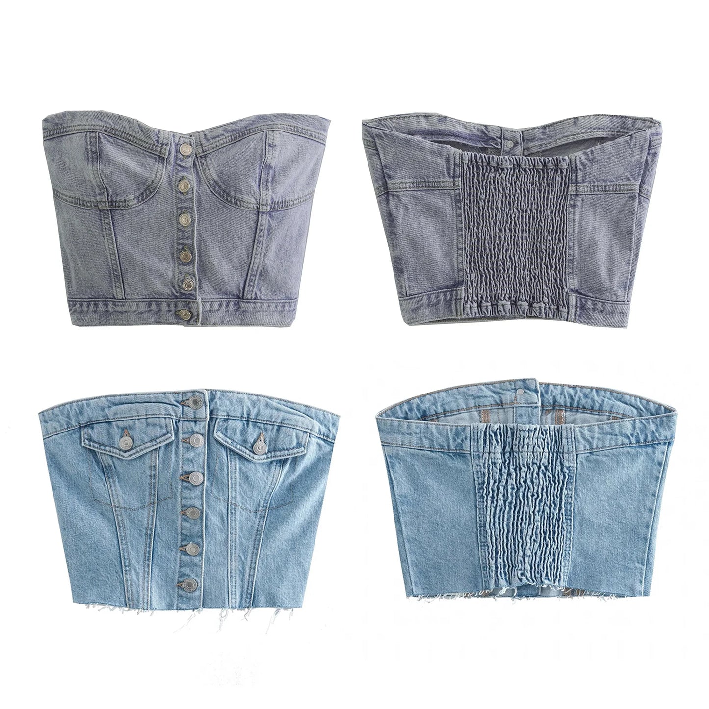 Combhasaki Women's Y2K Button Down Slim Fit Denim Tube Tops Off Shoulder Party Short Wrap Chest Backless Smocked Vest Bandeau