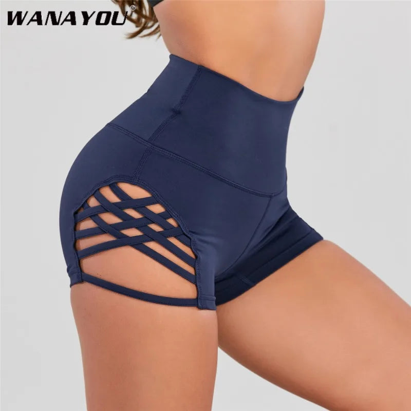 WANAYOU Hohe Taille Bedruckte Enge Yoga-Shorts Mit Seitlichem Kreuz Große Hohle Sexy Fitness Pole Dance Sport-Shorts