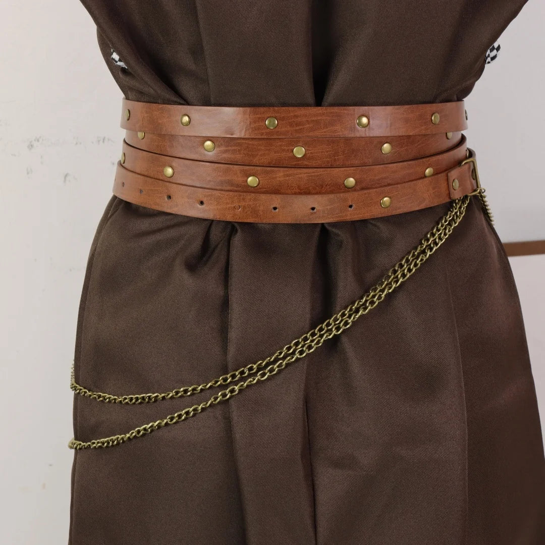 Retro Viking Style Belt Adjustable Medieval PU Leather Belt with Metal Chain Punk Steampunk Cosplay Accessories