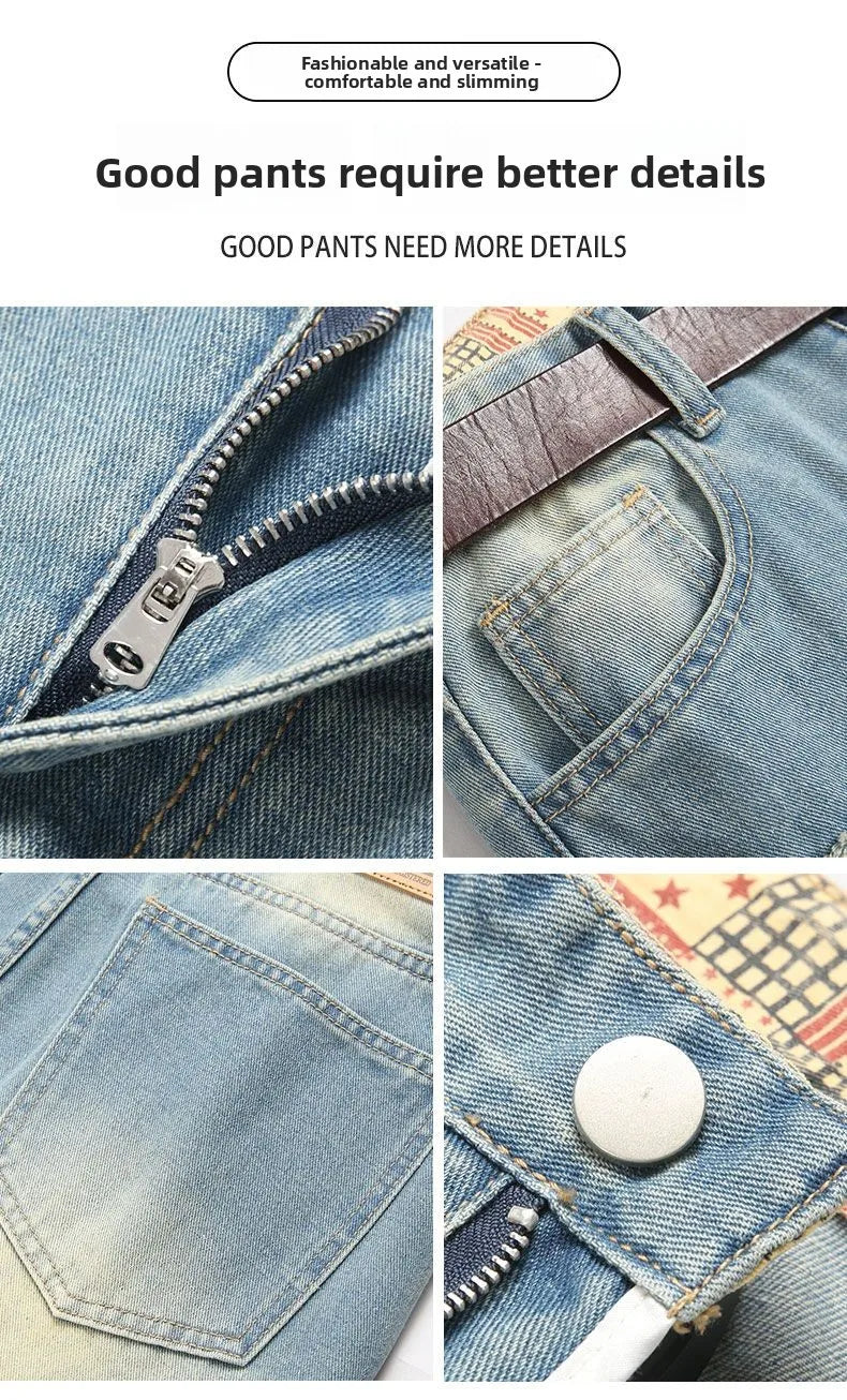 Autumn Men's New Light Blue Slim Fit Jeans Men's Ripped Loose Jeans Elastic Hole Versatile High Street Denim Pants Retro Washed