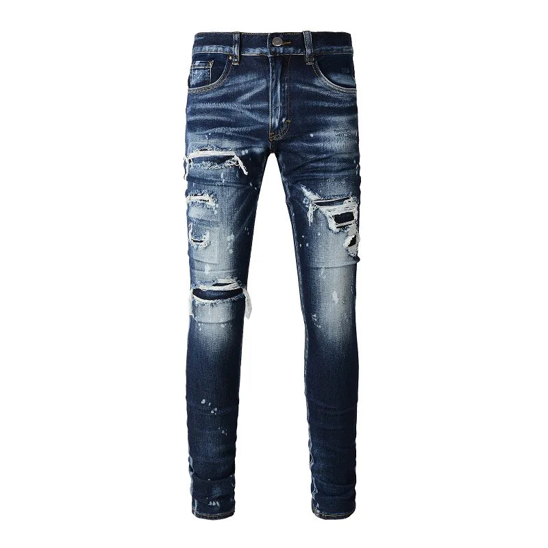 Männer Löcher Patchwork Denim Jeans Streetwear Dunkelblau Stretch Hose Bemalt Skinny Tapered Hose