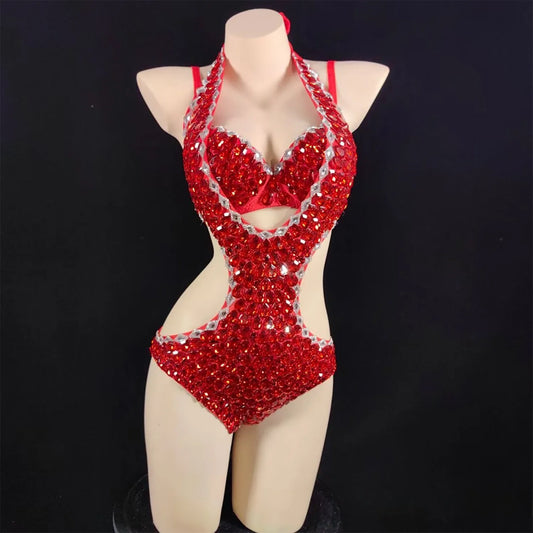 Women Luxury Rhinestones Beading Bodysuits Stage Costumes Sexy Sparkly Halter Bra Bikini Showgirls Dress Special Occassion