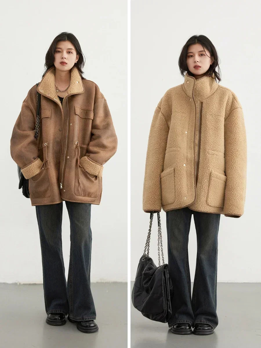 CHIC VEN Women's Jackets Thick Warm Solid Suede Reversible Jacket Motorcycle Outer Coat Loose Female Overcoat Winter Autumn