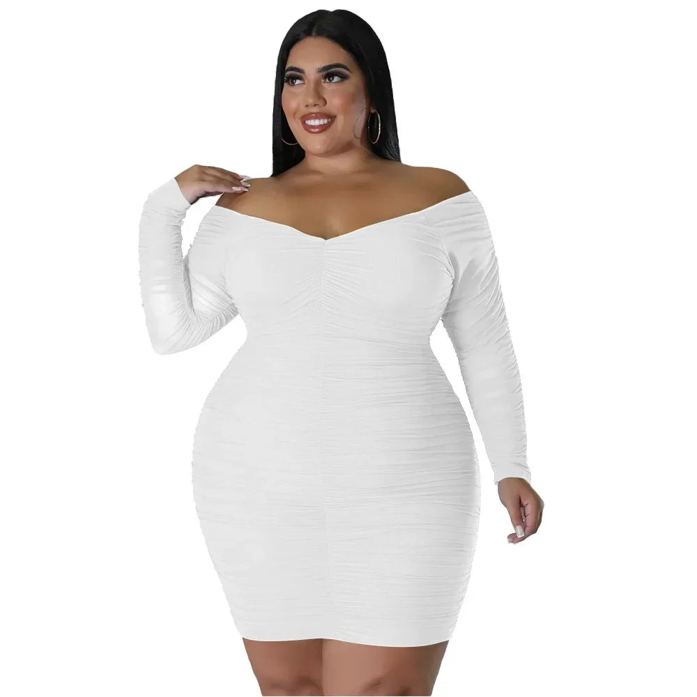 Plus Size N7697 Autumn New Women's Dress Sexy Nightclub Style Wrap Chest Spliced Mesh Sleeves Covering Buttock Clothing