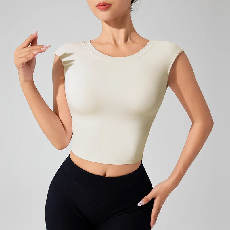 Women's Backless Fitness Clothes with Fixed Chest Pad Beautiful Top Short Sleeve Dance Sport  T-Shirt Yoga Wear