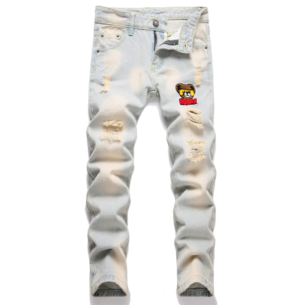 Boys' Cartoon Straight-leg Ripped Jeans Children Washed Non-stretch Denim Trousers Big Kids Casual Pants