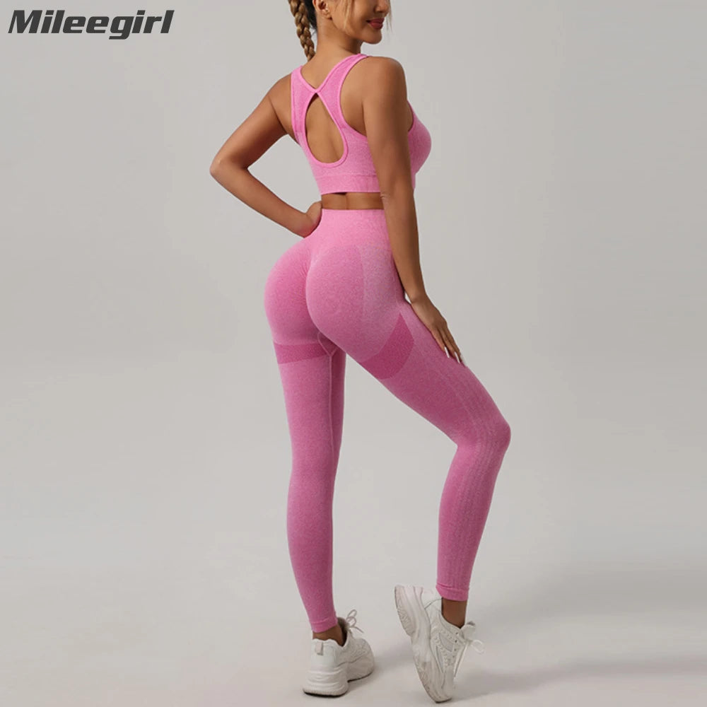 Mileegirl 2-teiliges Sport-Set für Damen, Push-Up-Yogahose, Fitness-BH mit Hohlrücken, Workout-Laufleggings, nahtlose Sets