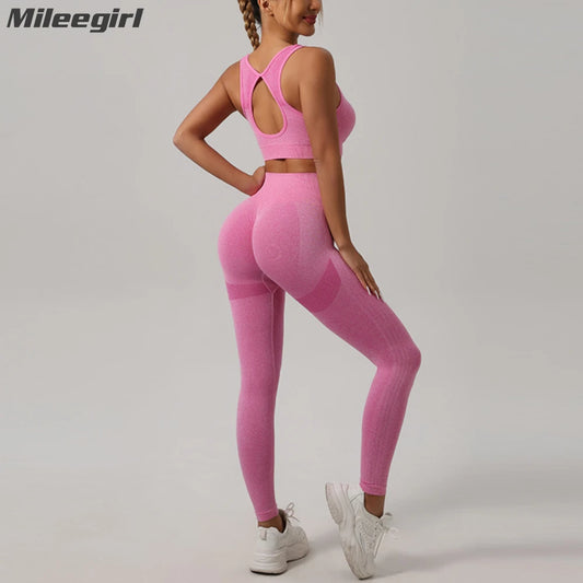 Mileegirl 2-teiliges Sport-Set für Damen, Push-Up-Yogahose, Fitness-BH mit Hohlrücken, Workout-Laufleggings, nahtlose Sets