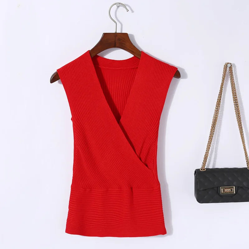 Sexy Deep V Neck Sweater Women 2025 New Womens Clothing Slim Bottoming Large Elastic Knitwear Rib Cotton Sleeveless Top Jerseys