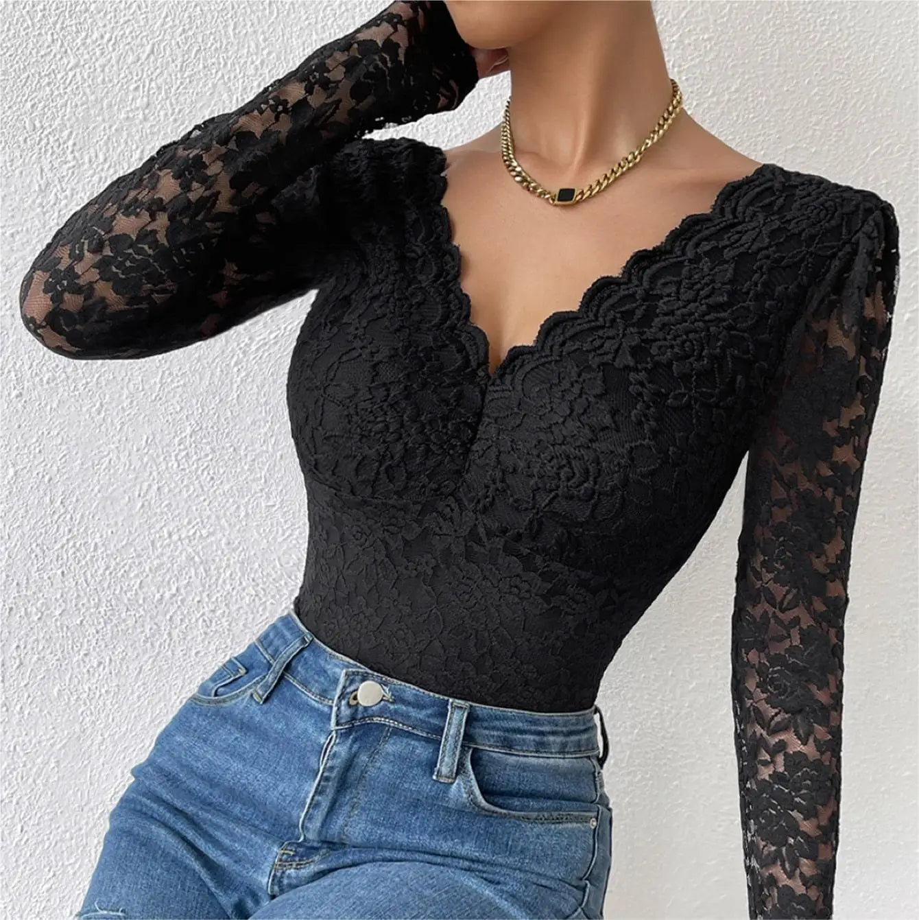 Women's Jumpsuit Onesie Lace Long Sleeve Perspective Embroidery Black V-neck Slim White Base Shirt Red Bodysuit