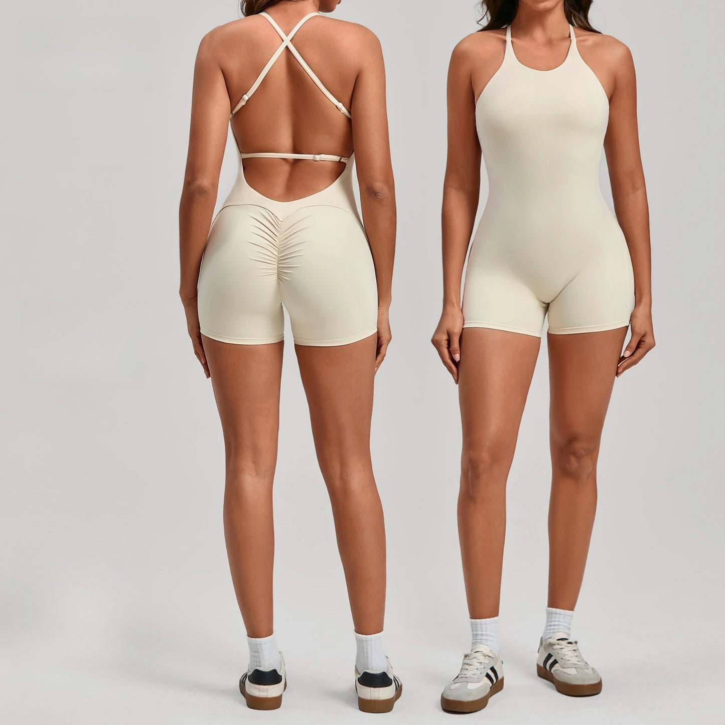 Gym Workout Clothes Backless One-Piece Yoga Suit Tight-Fitting Sports Bodysuit Fitness Suit Adjustable Shoulder Strap Jumpsuit