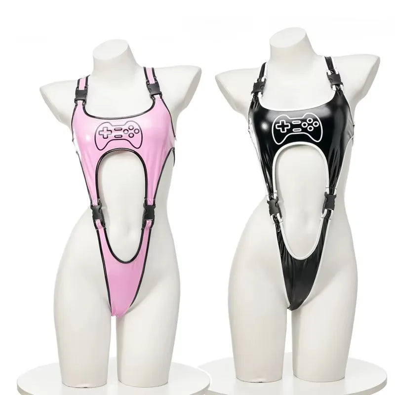 Anime Cartoon Game Controller PU Leather Bodysuit Cosplay Women Cyberpunk Sexy lingerie Shiny Club Wear Outfit