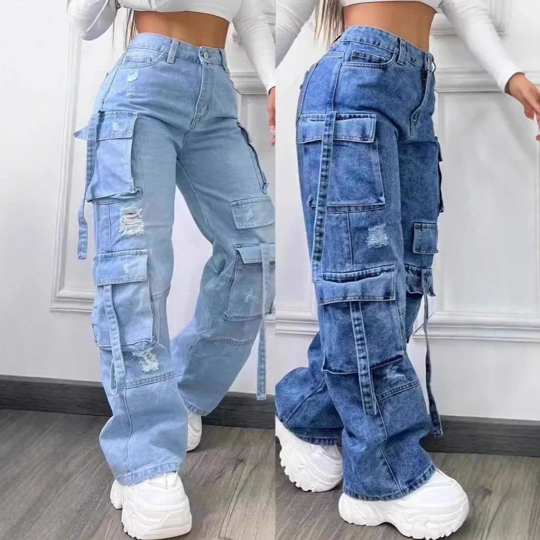 New Fashion Pure Color Casual Workwear Denim High Waist Multi Pocket Loose Fit Women's Jeans Versatile plus Size