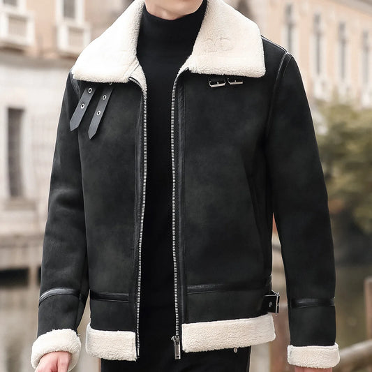 Men Leather Jacket Winter Faux Fur Collar Windproof Warm Clothing Fashion Solid Slim Korean Style Leather Coat Fleece Jacket