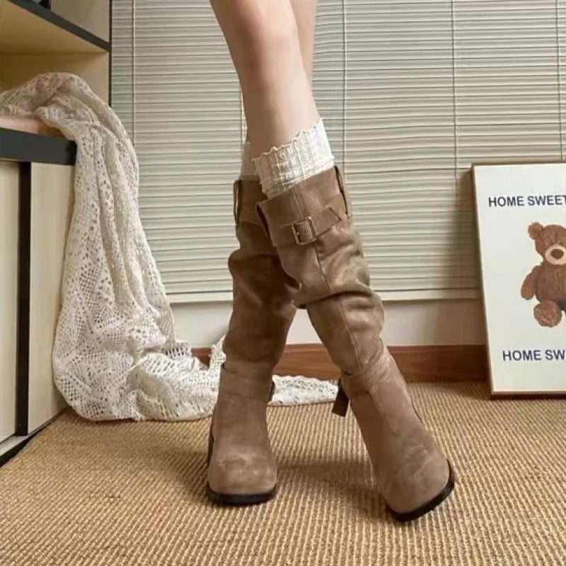 Vintage Slouch Boots Western Cowboy Boots 2025 Autumn Winter New High Boots Internet Celebrity Small Stature Long Boots