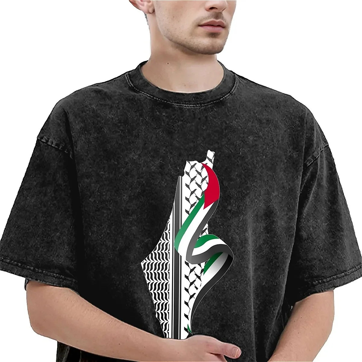 T-Shirt mit palästinensischer Flagge und Karte von Palästina. Neuartige T-Shirts im Street-Style mit kurzen Ärmeln. Atmungsaktive Sommerkleidung aus Baumwolle in großen Größen