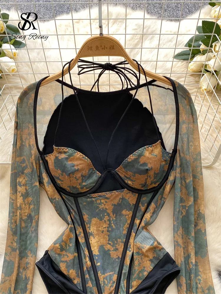 SINGREINY Halter Gauze Print Sexy Rompers Women Spliced Long Sleeve Playsuits Fashion Retro Open crotch Corset Ladies Bodysuits