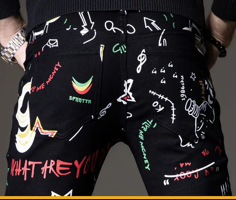 Luxuriöse Jeanshose für Herren, Hip-Hop-Jeans mit Graffiti-Print, Designer-Jeans in Slim Fit, trendige schwarze Jeans, Stretch-Cowboy-Baumwollhose für Männer