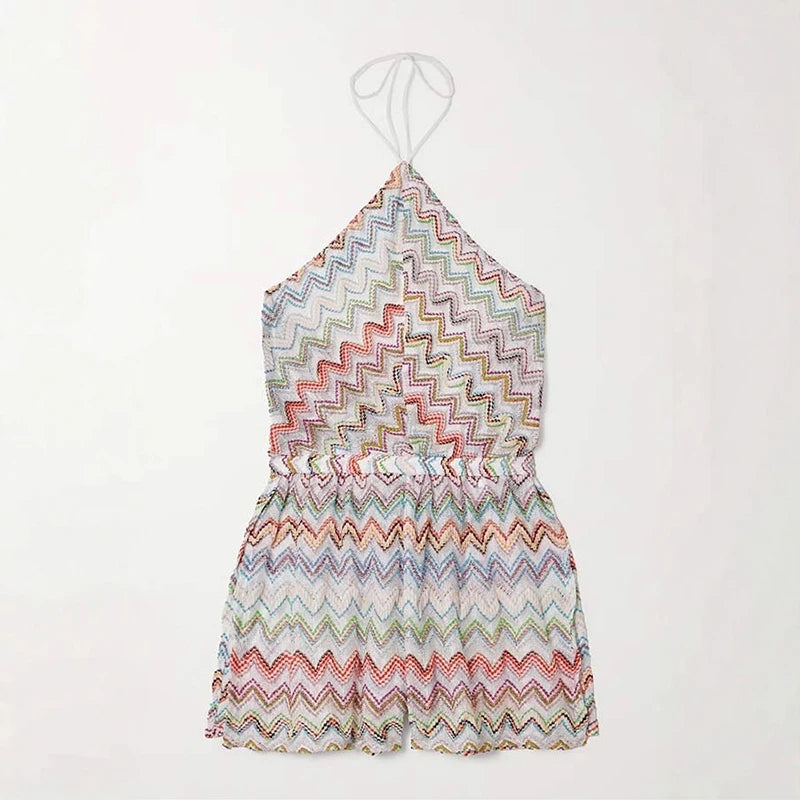Summer Casual Backless Shorts Jumpsuit Women Sexy Beach Holiday Romper Women Vintage Pattern Printed Playsuits