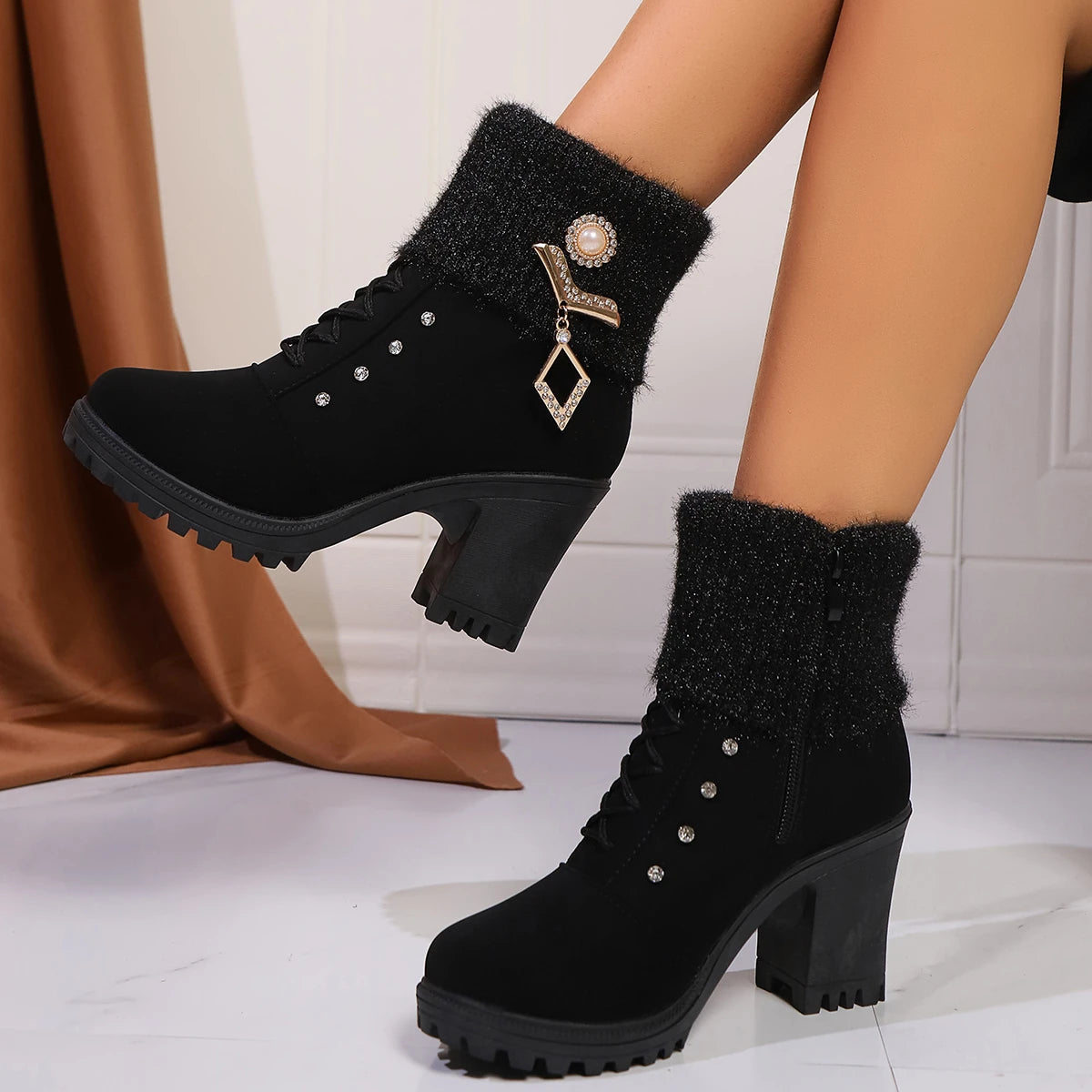 Thick Heel Large Size Fashion Boots Zipper Rhinestone Wool Top Plus Velvet Women's Boots New Autumn/winter High Heel Snow Boots