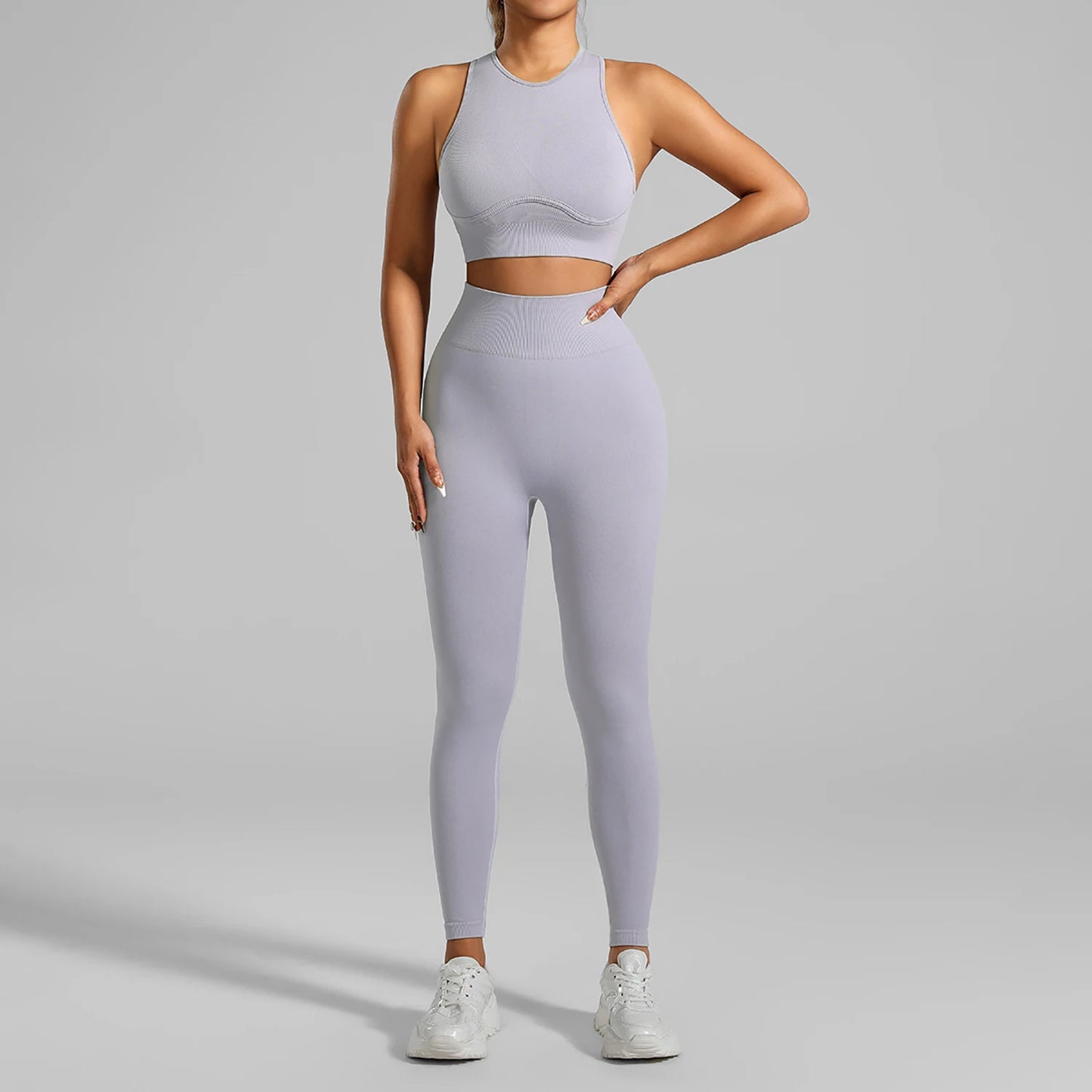 Seamless Ribbed High Waisted Yoga Set for Women, Tummy Control Criss Cross Back Workout Outfit, Quick Dry Fitness Set for Gym