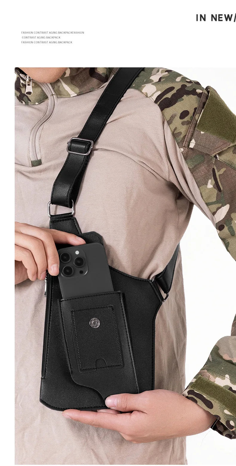 Luxury Design Men's Tactical Vest Bag High Quality PU Leather Man Chest Bag Phone Pouch Vintage Design Underarm Back Pack Bags