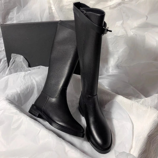 Black Elegant with Low Heels Round Toe Ladies Knee High Shaft Shoes Autumn Winter Fleece-Lined Gothic Leather Women's Long Boots
