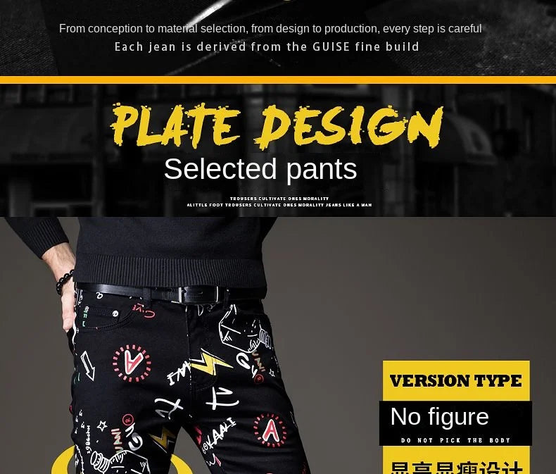 Luxuriöse Jeanshose für Herren, Hip-Hop-Jeans mit Graffiti-Print, Designer-Jeans in Slim Fit, trendige schwarze Jeans, Stretch-Cowboy-Baumwollhose für Männer