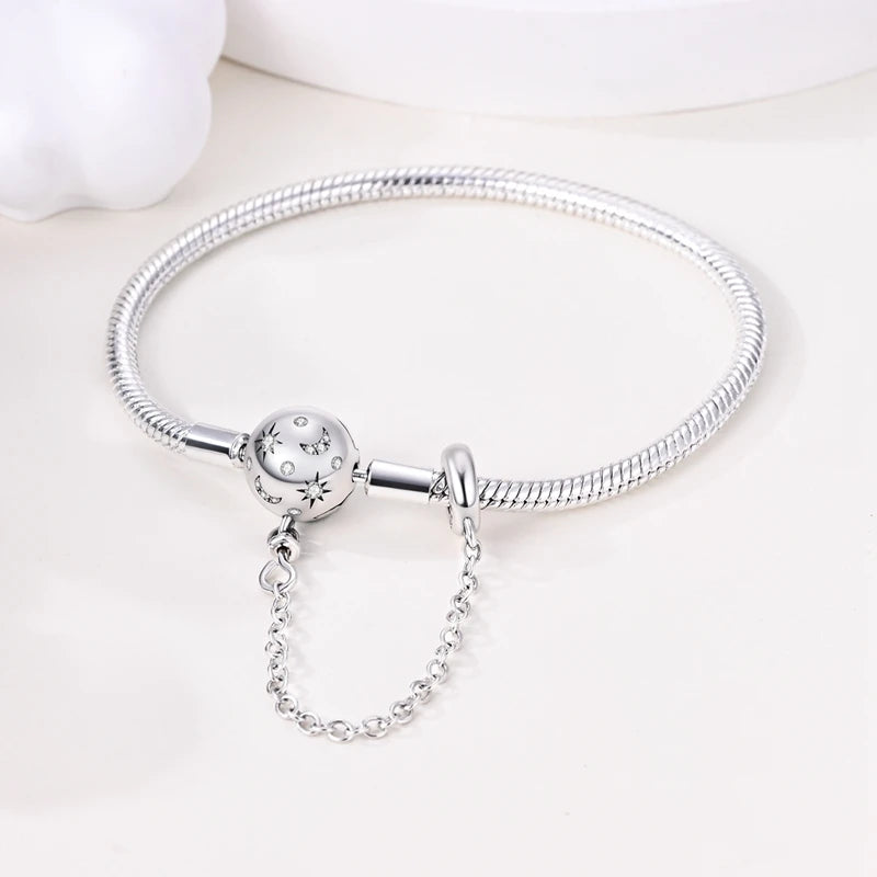 Original Women Bracelet 925 Silver17-20CM Starry Full Moon Safety Chain Snake Bone Chain Bracelet Fit DIY Exquisite Jewelry Gift