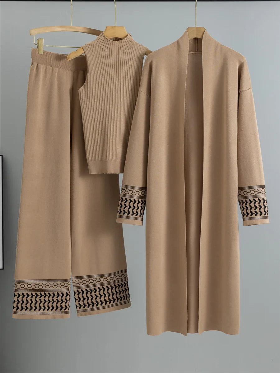 Korean Design Elegant Knitted 3 Piece Sets Women Knit Vest Sweater Long Cardigan Tops Conjuntos High Waist Wide Leg Pants Outfit