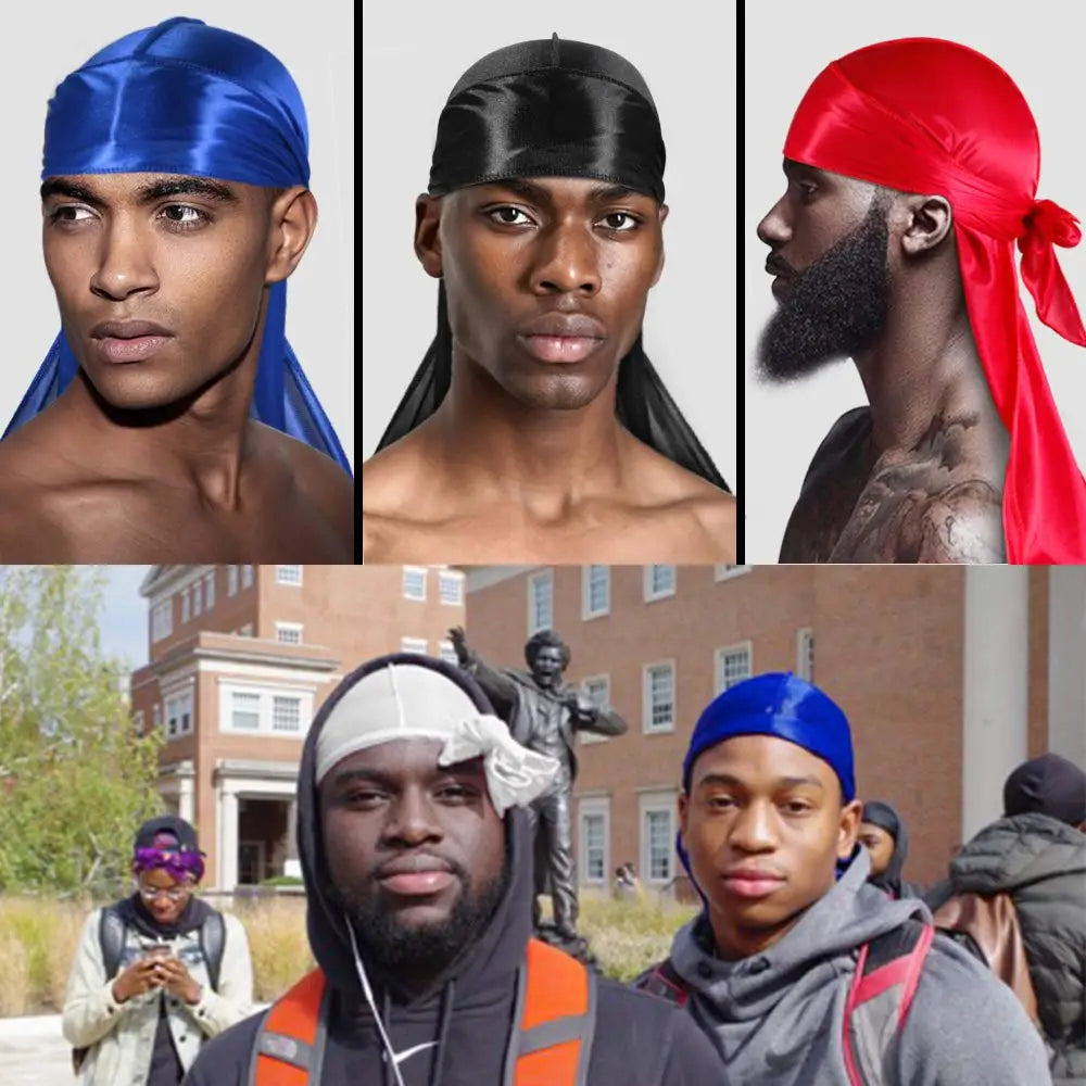 2024 Neue Satin Durag Turban Motorhaube Perücken Durag Biker Headwrap Piratenhut Kappe für Männer Haarschmuck Lange Schwanzriemen Bandanas