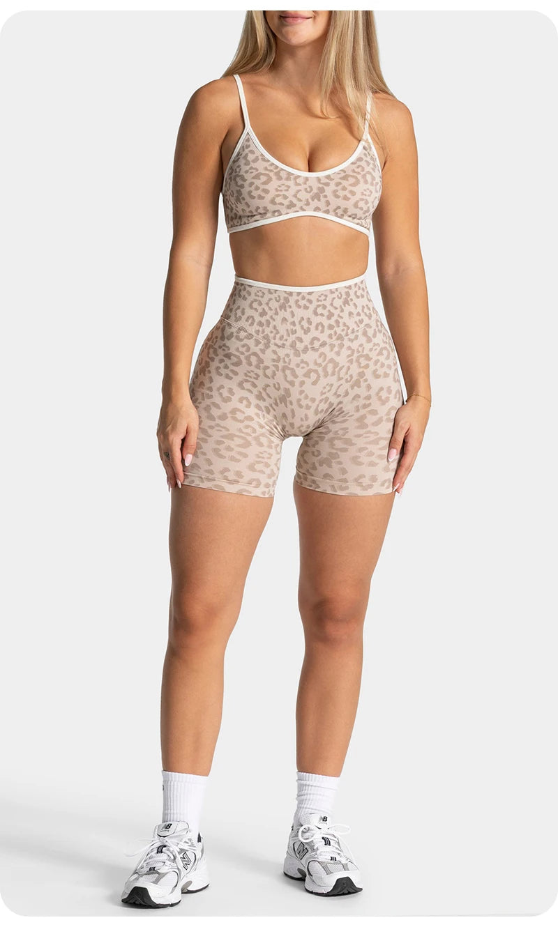 Women's Leopard Print Sports Bra & Shorts Yoga Set Workout Activewear Gym Suit