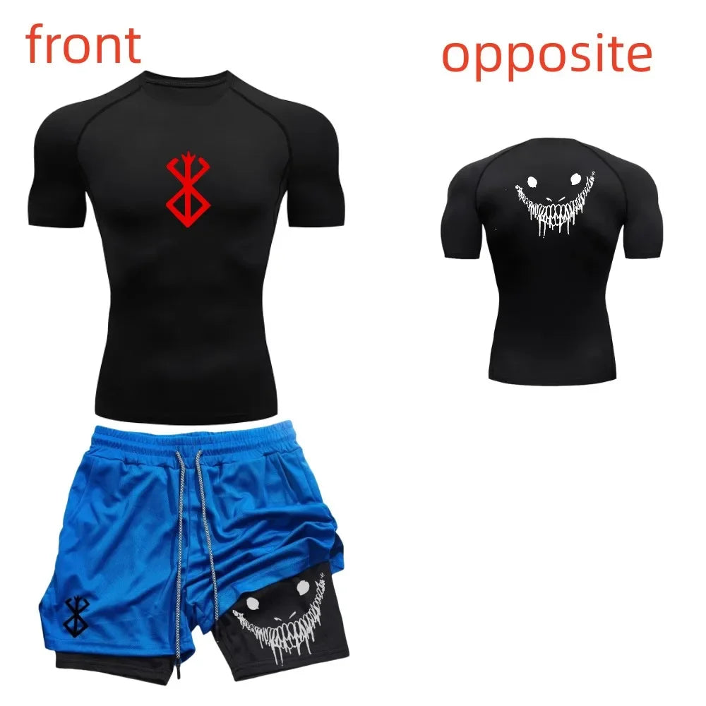 Men's fashionable casual fitness set, gym quick drying sportswear, shorts+shirt, 2-piece set, running, training, summer